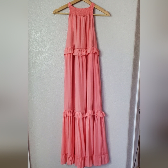 Halter Tied Neck Pink Tiered Ruffle Boho Flowy Maxi Dress W/ Pockets Size Medium - Picture 4 of 9